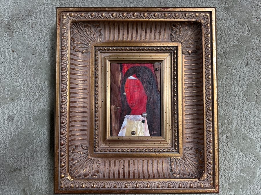 Aad Van Der Heyde (-2018, Dutch) Original Mixed Media Painting On Board Titled 'Portrait En Rouge' Titled And Signed Verso Moorea (Island In French Polynesia) 5 X 7 Framed 13 X 15 [Photo 2]