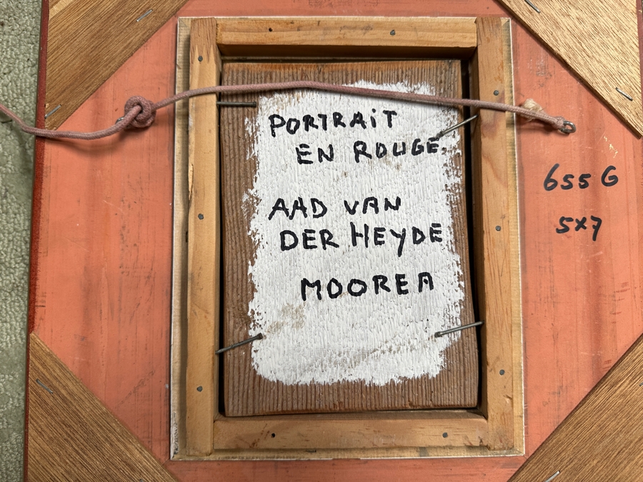 Aad Van Der Heyde (-2018, Dutch) Original Mixed Media Painting On Board Titled 'Portrait En Rouge' Titled And Signed Verso Moorea (Island In French Polynesia) 5 X 7 Framed 13 X 15 [Photo 9]