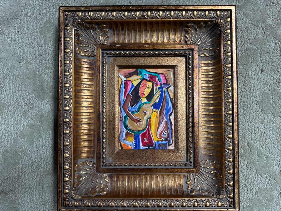 Aad Van Der Heyde (-2018, Dutch) Original Oil Painting On Board Titled 'Woman With Guitar' Titled And Signed Verso Moorea (Island In French Polynesia) 5 X 7 Framed 13 X 15 [Photo 2]