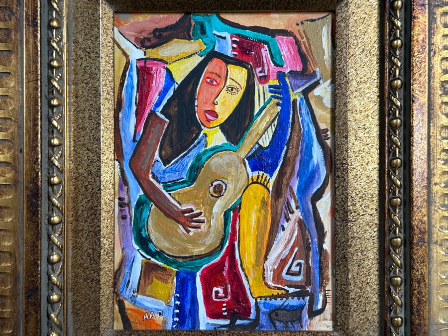 Aad Van Der Heyde (-2018, Dutch) Original Oil Painting On Board Titled 'Woman With Guitar' Titled And Signed Verso Moorea (Island In French Polynesia) 5 X 7 Framed 13 X 15