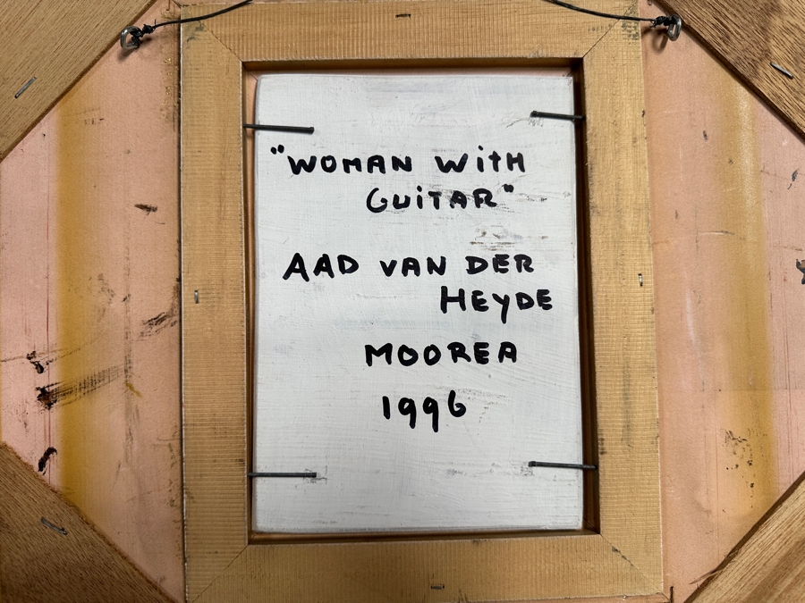 Aad Van Der Heyde (-2018, Dutch) Original Oil Painting On Board Titled 'Woman With Guitar' Titled And Signed Verso Moorea (Island In French Polynesia) 5 X 7 Framed 13 X 15 [Photo 7]