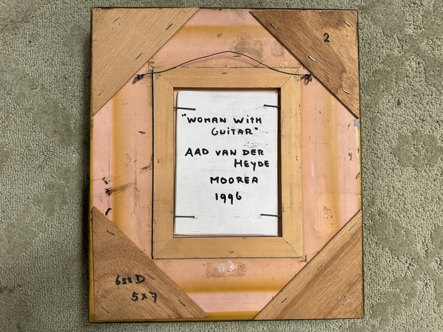 Aad Van Der Heyde (-2018, Dutch) Original Oil Painting On Board Titled 'Woman With Guitar' Titled And Signed Verso Moorea (Island In French Polynesia) 5 X 7 Framed 13 X 15 [Photo 6]