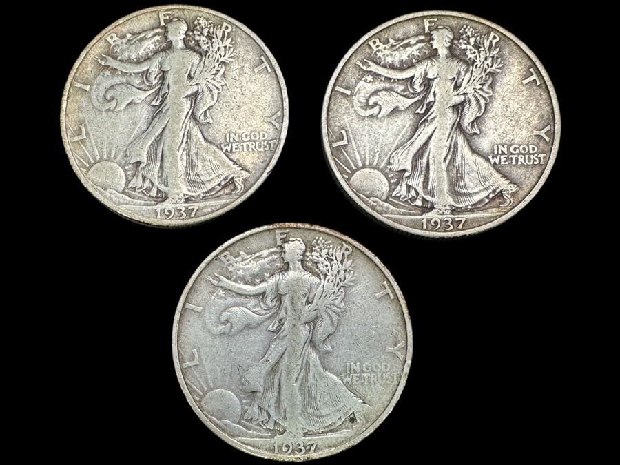 (3) Standing Walking Liberty Silver Half Dollars:  1937, 1937 S & 1937 D