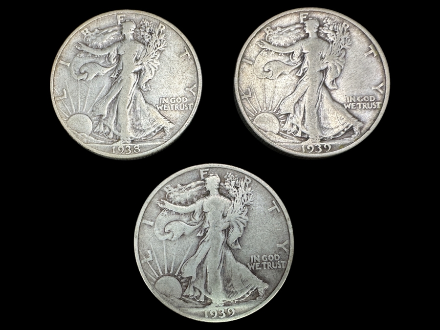 (3) Standing Walking Liberty Silver Half Dollars:  1938, 1939 S & 1939 D