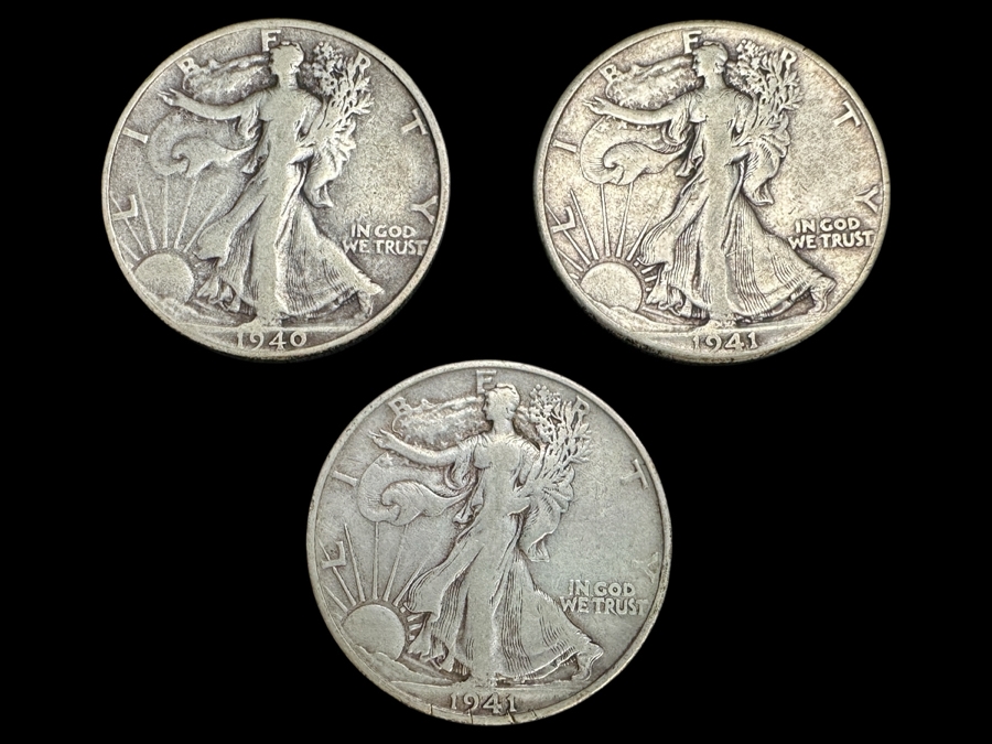 (3) Standing Walking Liberty Silver Half Dollars:  1940 S, 1941 S & 1941 S