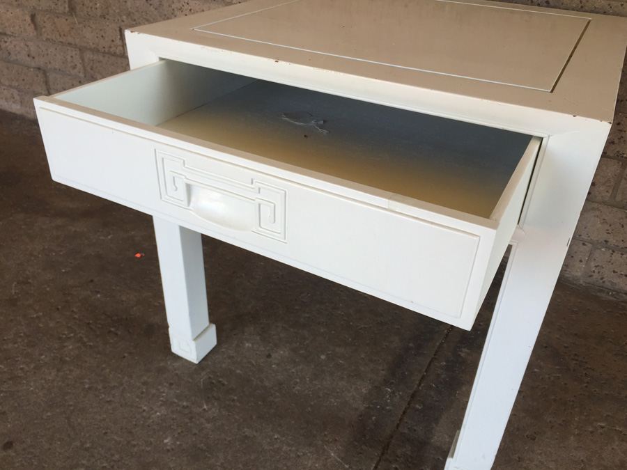 Asian Style End Table Painted White (Maybe Rosewood Under Paint) [Photo 2]