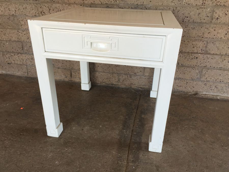 Asian Style End Table Painted White (Maybe Rosewood Under Paint) [Photo 1]