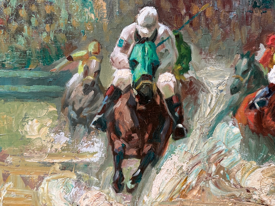 Stunning Original Oil Painting On Canvas Of Horses With Jockeys Racing At A Track Signed 'Bueno' 1962 Lower Right - Provenance From The Former Owner Of The Hotel Del Coronado 55 X 35 Framed 61.5 X 42 [Photo 5]
