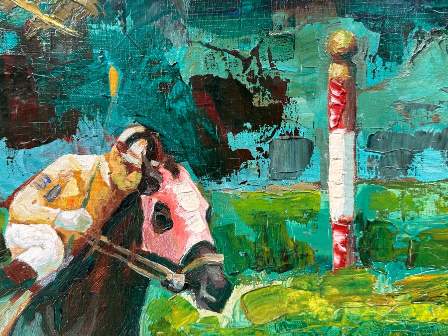 Stunning Original Oil Painting On Canvas Of Horses With Jockeys Racing At A Track Signed 'Bueno' 1962 Lower Right - Provenance From The Former Owner Of The Hotel Del Coronado 55 X 35 Framed 61.5 X 42 [Photo 8]