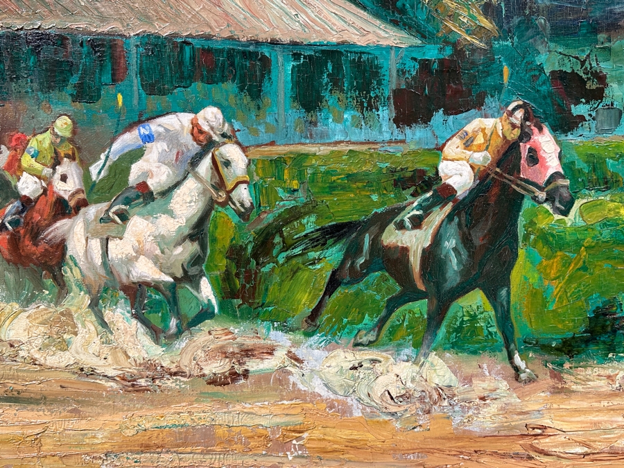 Stunning Original Oil Painting On Canvas Of Horses With Jockeys Racing At A Track Signed 'Bueno' 1962 Lower Right - Provenance From The Former Owner Of The Hotel Del Coronado 55 X 35 Framed 61.5 X 42 [Photo 3]