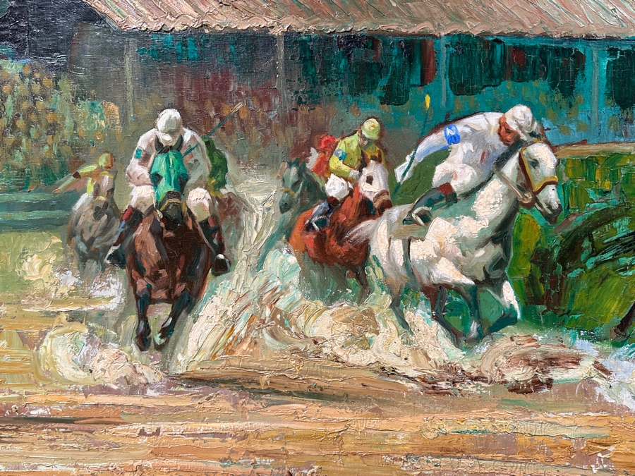 Stunning Original Oil Painting On Canvas Of Horses With Jockeys Racing At A Track Signed 'Bueno' 1962 Lower Right - Provenance From The Former Owner Of The Hotel Del Coronado 55 X 35 Framed 61.5 X 42 [Photo 4]