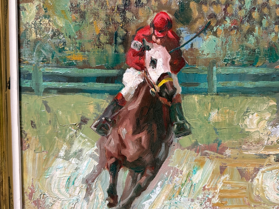 Stunning Original Oil Painting On Canvas Of Horses With Jockeys Racing At A Track Signed 'Bueno' 1962 Lower Right - Provenance From The Former Owner Of The Hotel Del Coronado 55 X 35 Framed 61.5 X 42 [Photo 6]