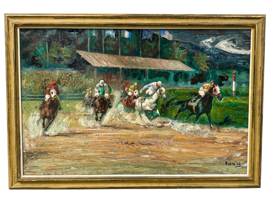 Stunning Original Oil Painting On Canvas Of Horses With Jockeys Racing At A Track Signed 'Bueno' 1962 Lower Right - Provenance From The Former Owner Of The Hotel Del Coronado 55 X 25.5 Framed 61.5 X 42