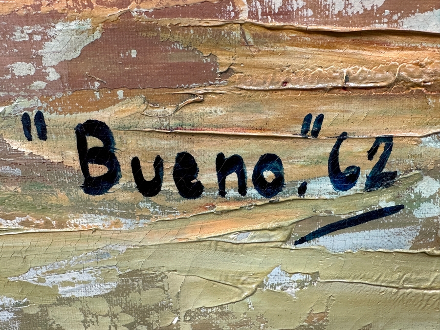 Stunning Original Oil Painting On Canvas Of Horses With Jockeys Racing At A Track Signed 'Bueno' 1962 Lower Right - Provenance From The Former Owner Of The Hotel Del Coronado 55 X 35 Framed 61.5 X 42 [Photo 10]