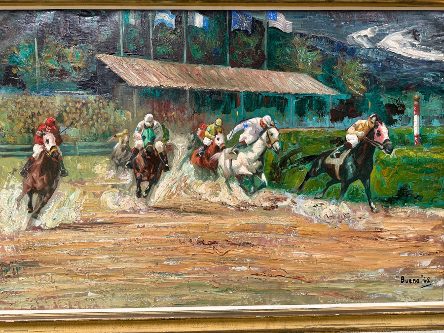 Stunning Original Oil Painting On Canvas Of Horses With Jockeys Racing At A Track Signed 'Bueno' 1962 Lower Right - Provenance From The Former Owner Of The Hotel Del Coronado 55 X 35 Framed 61.5 X 42 [Photo 2]