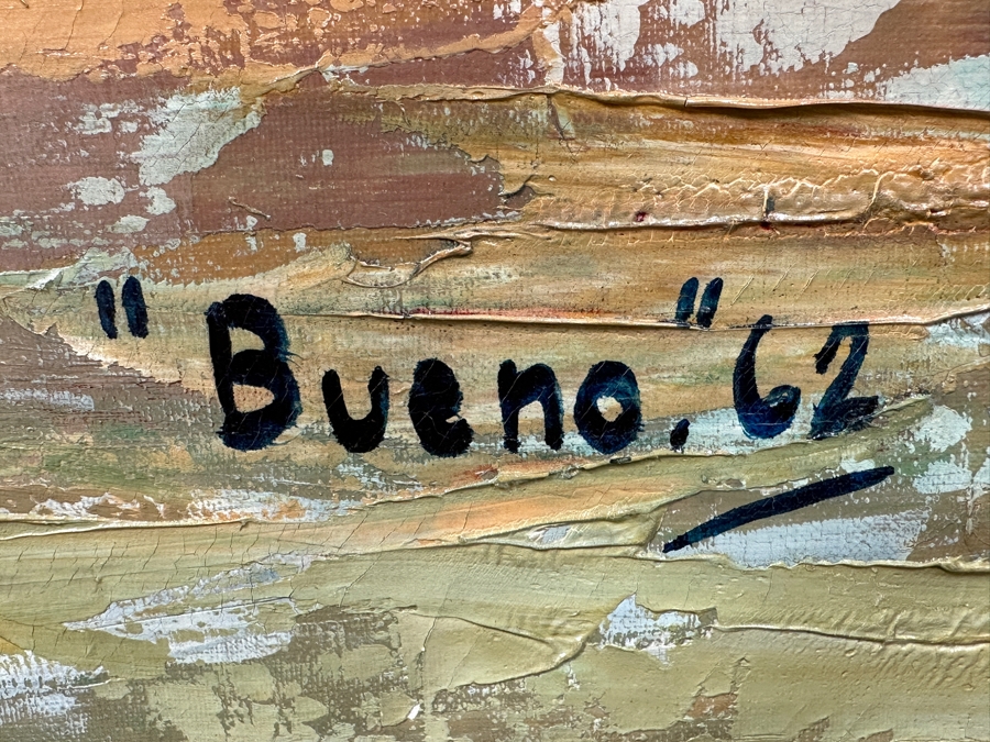 Stunning Original Oil Painting On Canvas Of Horses With Jockeys Racing At A Track Signed 'Bueno' 1962 Lower Right - Provenance From The Former Owner Of The Hotel Del Coronado 55 X 35 Framed 61.5 X 42 [Photo 9]