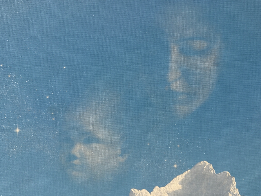 Peter Everly Original Acrylic Painting On Canvas Of Snowcapped Mountains With Mother And Child Imagery In Blue Sky Surrealist Painting 24 X 30 [Photo 4]