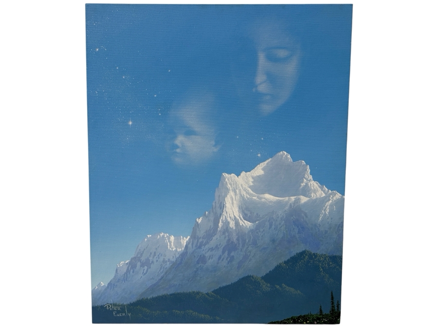 Peter Everly Original Acrylic Painting On Canvas Of Snowcapped Mountains With Mother And Child Imagery In Blue Sky Surrealist Painting 24 X 30