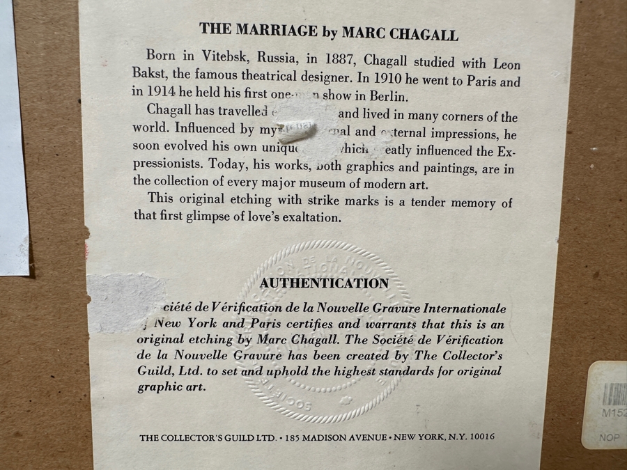 Marc Chagall (1887-1985, Russian) Original Etching Titled 'Fables Of La Fontaine (The Marriage)' 9 X 13 Framed 15 X 19 [Photo 10]