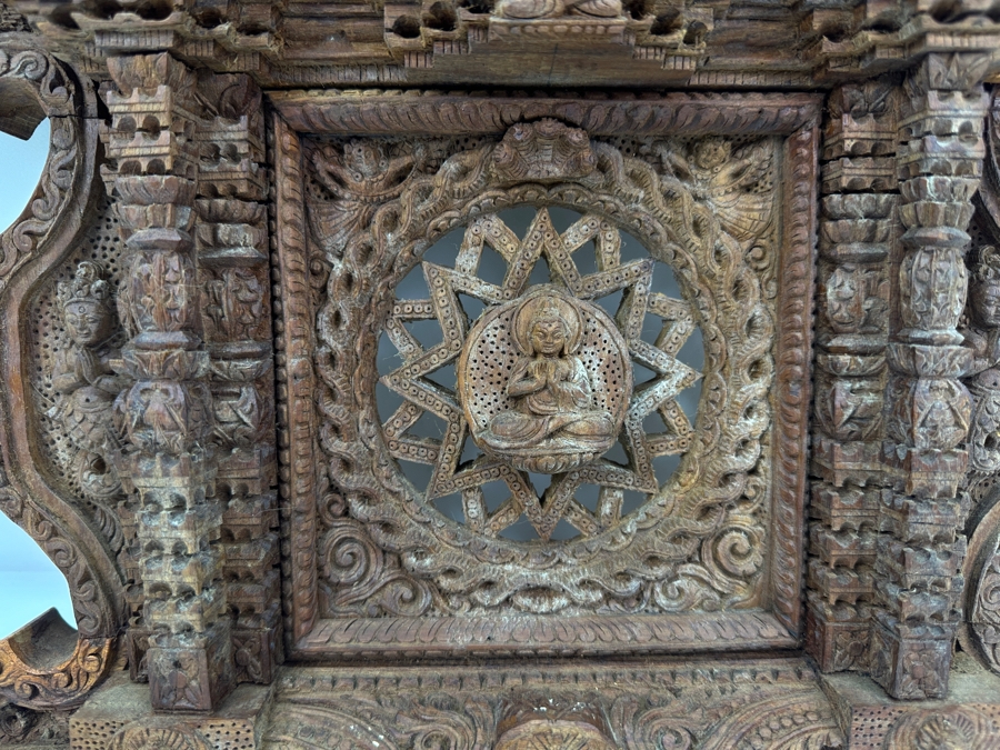 Just Added - Vintage Nepalese Hand Carved Wooden Newari Buddha Window 22.5W X 3D X 12H [Photo 6]