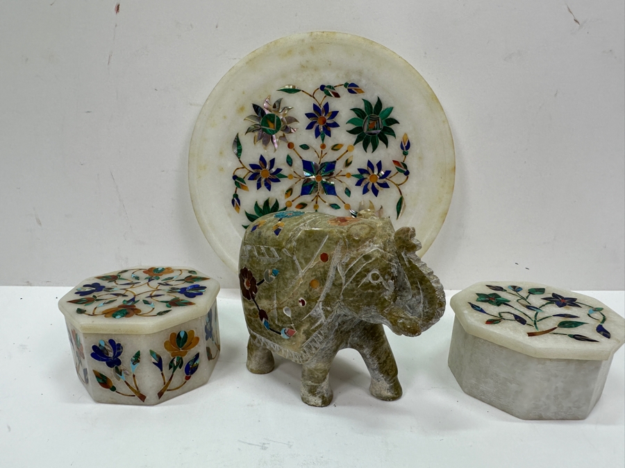 Just Added - Vintage Inlaid Stone Elephant Figurine 3H, Pair Of Covered Inlaid Stone Trinket Boxes And Inlaid Stone 6' Dish [Photo 5]