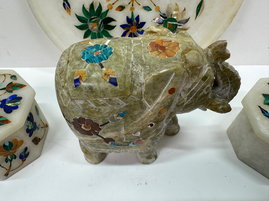Just Added - Vintage Inlaid Stone Elephant Figurine 3H, Pair Of Covered Inlaid Stone Trinket Boxes And Inlaid Stone 6' Dish [Photo 4]