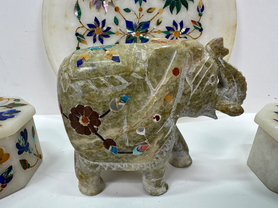 Just Added - Vintage Inlaid Stone Elephant Figurine 3H, Pair Of Covered Inlaid Stone Trinket Boxes And Inlaid Stone 6' Dish [Photo 3]