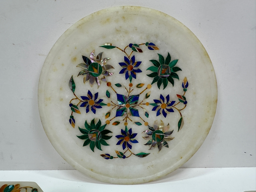 Just Added - Vintage Inlaid Stone Elephant Figurine 3H, Pair Of Covered Inlaid Stone Trinket Boxes And Inlaid Stone 6' Dish [Photo 11]