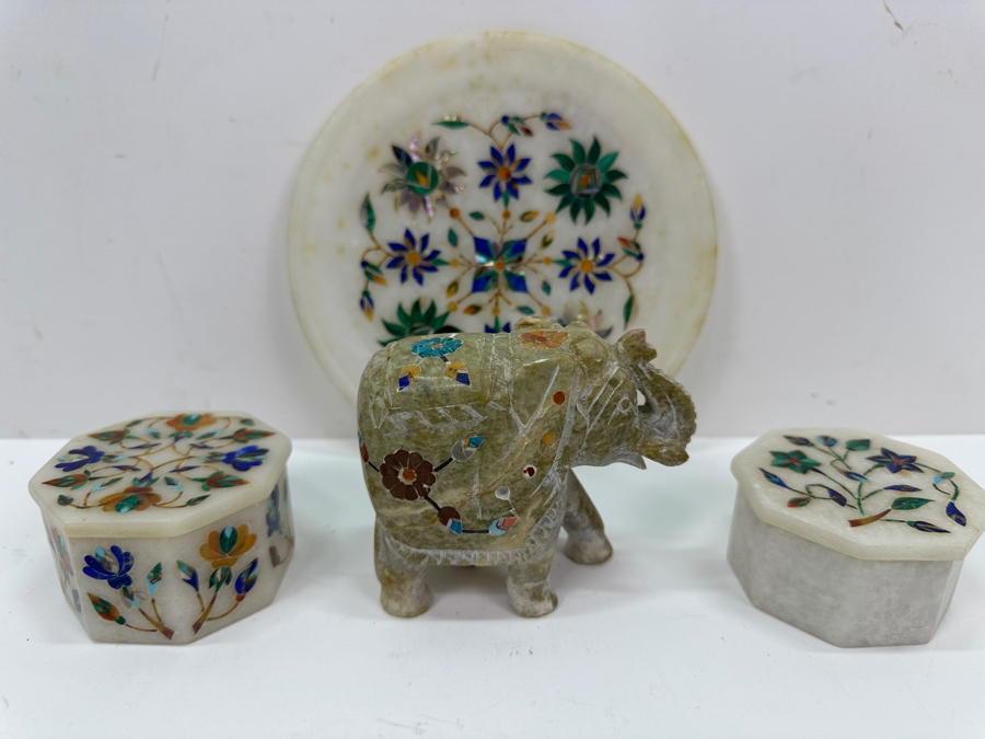 Just Added - Vintage Inlaid Stone Elephant Figurine 3H, Pair Of Covered Inlaid Stone Trinket Boxes And Inlaid Stone 6' Dish [Photo 2]