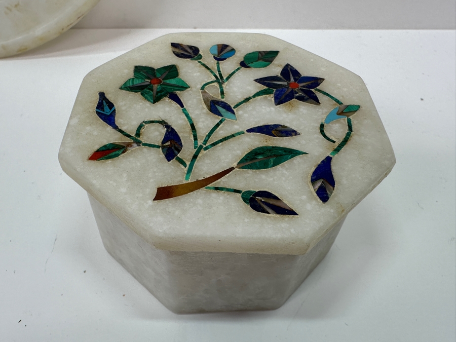 Just Added - Vintage Inlaid Stone Elephant Figurine 3H, Pair Of Covered Inlaid Stone Trinket Boxes And Inlaid Stone 6' Dish [Photo 12]