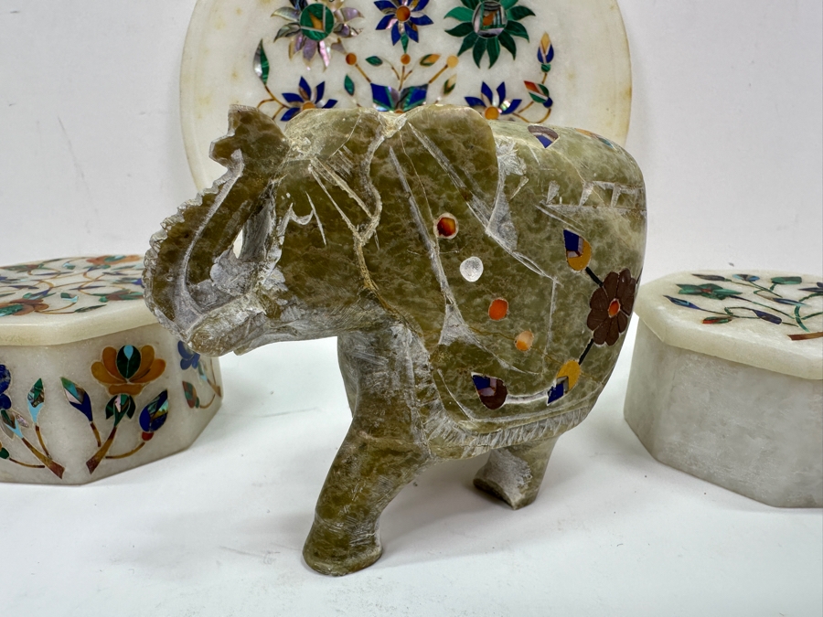 Just Added - Vintage Inlaid Stone Elephant Figurine 3H, Pair Of Covered Inlaid Stone Trinket Boxes And Inlaid Stone 6' Dish [Photo 6]