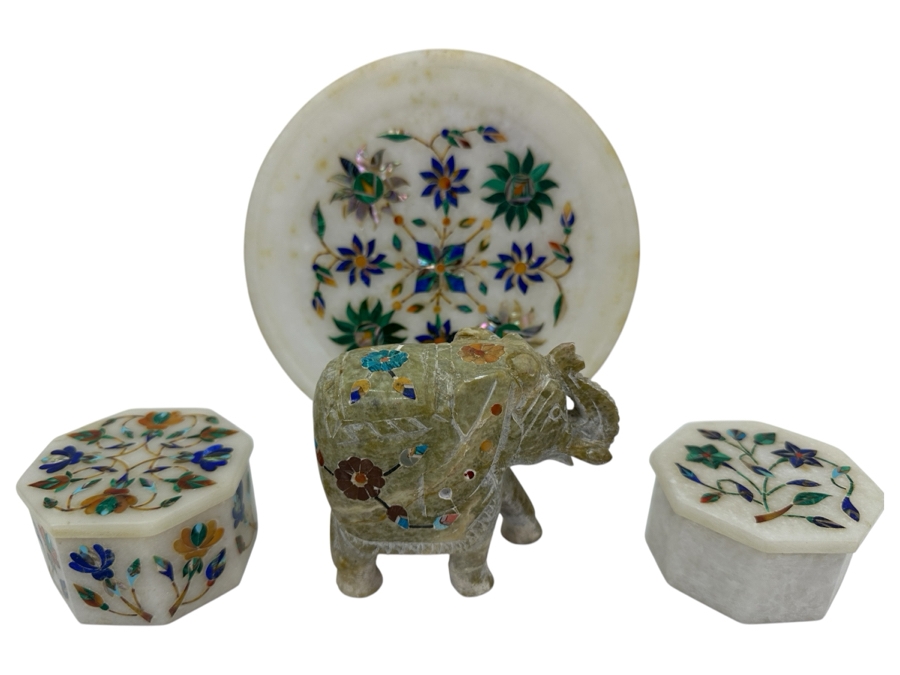 Just Added - Vintage Inlaid Stone Elephant Figurine 3H, Pair Of Covered Inlaid Stone Trinket Boxes And Inlaid Stone 6' Dish
