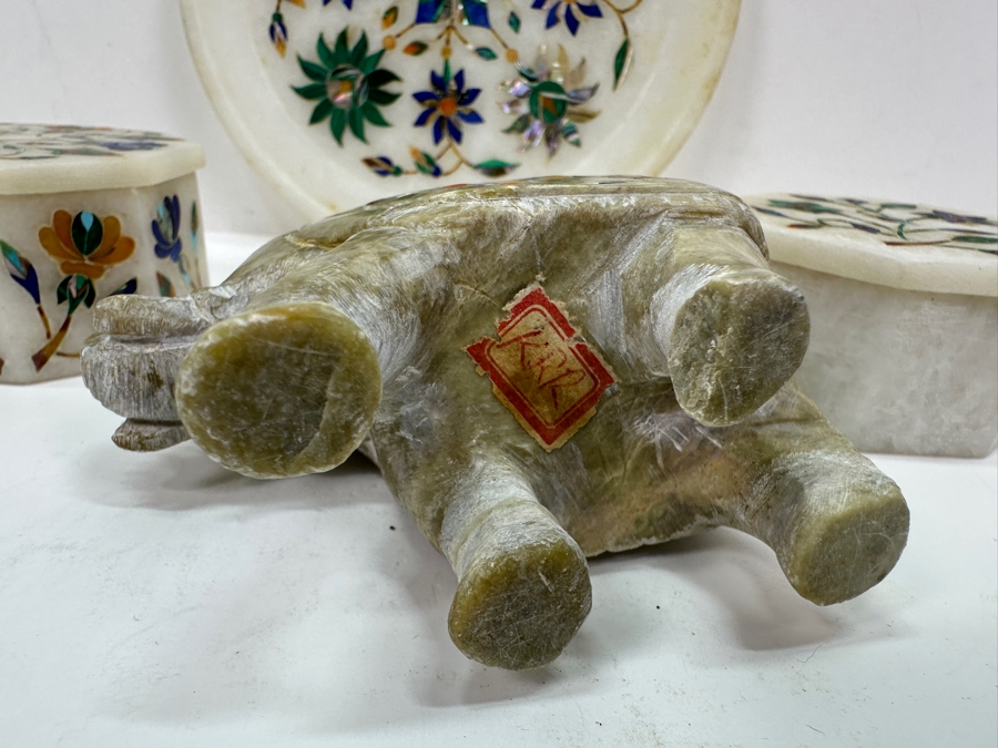 Just Added - Vintage Inlaid Stone Elephant Figurine 3H, Pair Of Covered Inlaid Stone Trinket Boxes And Inlaid Stone 6' Dish [Photo 8]