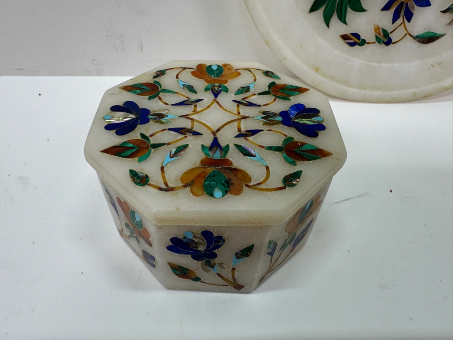 Just Added - Vintage Inlaid Stone Elephant Figurine 3H, Pair Of Covered Inlaid Stone Trinket Boxes And Inlaid Stone 6' Dish [Photo 10]