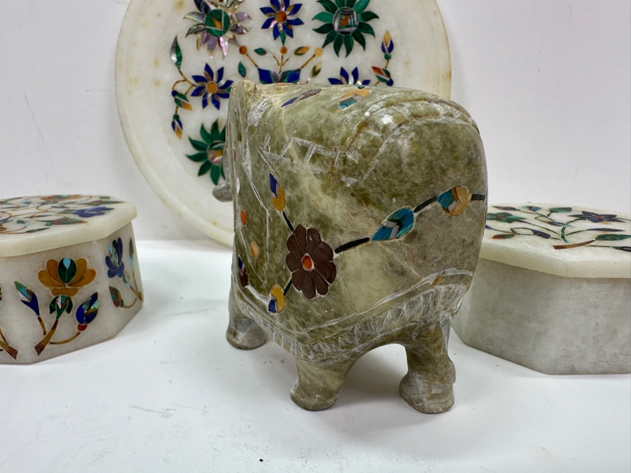 Just Added - Vintage Inlaid Stone Elephant Figurine 3H, Pair Of Covered Inlaid Stone Trinket Boxes And Inlaid Stone 6' Dish [Photo 7]