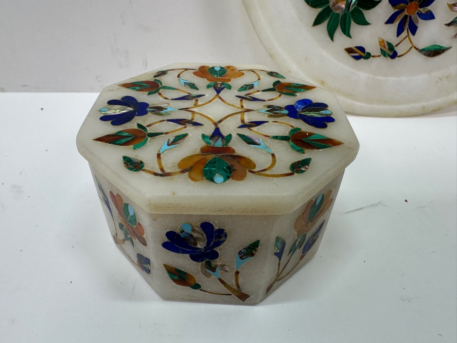 Just Added - Vintage Inlaid Stone Elephant Figurine 3H, Pair Of Covered Inlaid Stone Trinket Boxes And Inlaid Stone 6' Dish [Photo 9]