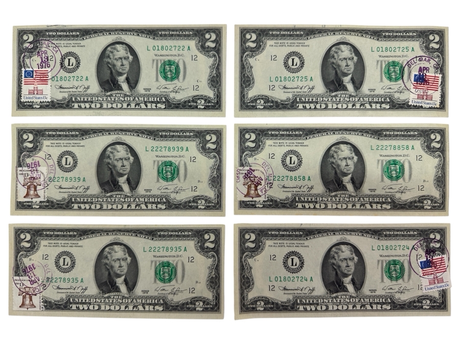(6) 1976 $2 Two Dollar Bills Postmarked Del Mar CA