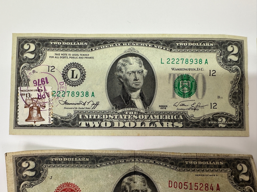 (5) $2 Two Dollar Bills: (3) 1976 Postmarked Del Mar CA, (1) 1928 Red Seal, (1) 1953 Red Seal & (1) 1963 $1 One Dollar Bill [Photo 2]