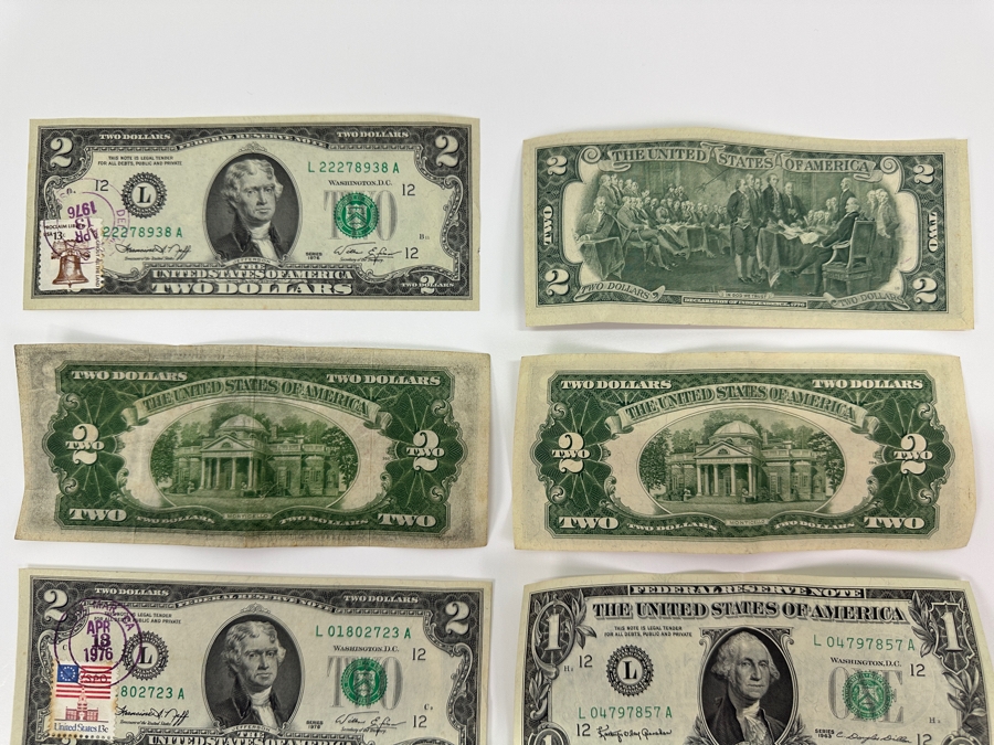 (5) $2 Two Dollar Bills: (3) 1976 Postmarked Del Mar CA, (1) 1928 Red Seal, (1) 1953 Red Seal & (1) 1963 $1 One Dollar Bill [Photo 13]