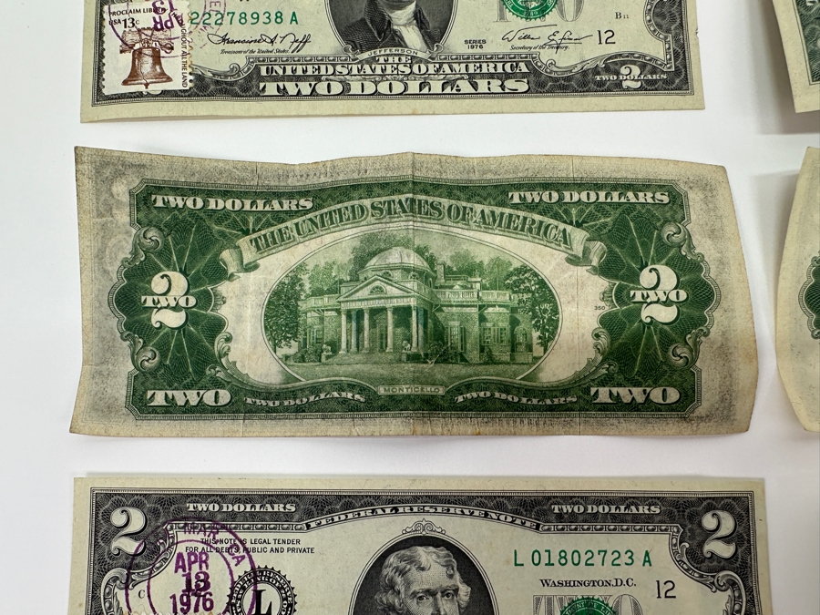 (5) $2 Two Dollar Bills: (3) 1976 Postmarked Del Mar CA, (1) 1928 Red Seal, (1) 1953 Red Seal & (1) 1963 $1 One Dollar Bill [Photo 14]
