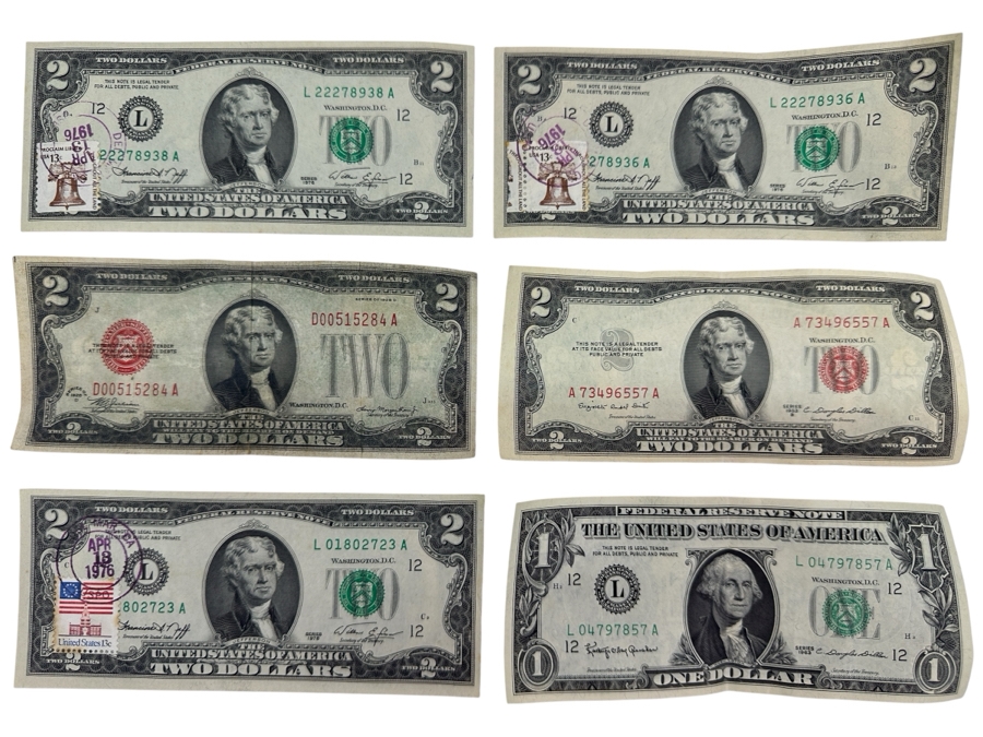 (5) $2 Two Dollar Bills: (3) 1976 Postmarked Del Mar CA, (1) 1928 Red Seal, (1) 1953 Red Seal & (1) 1963 $1 One Dollar Bill