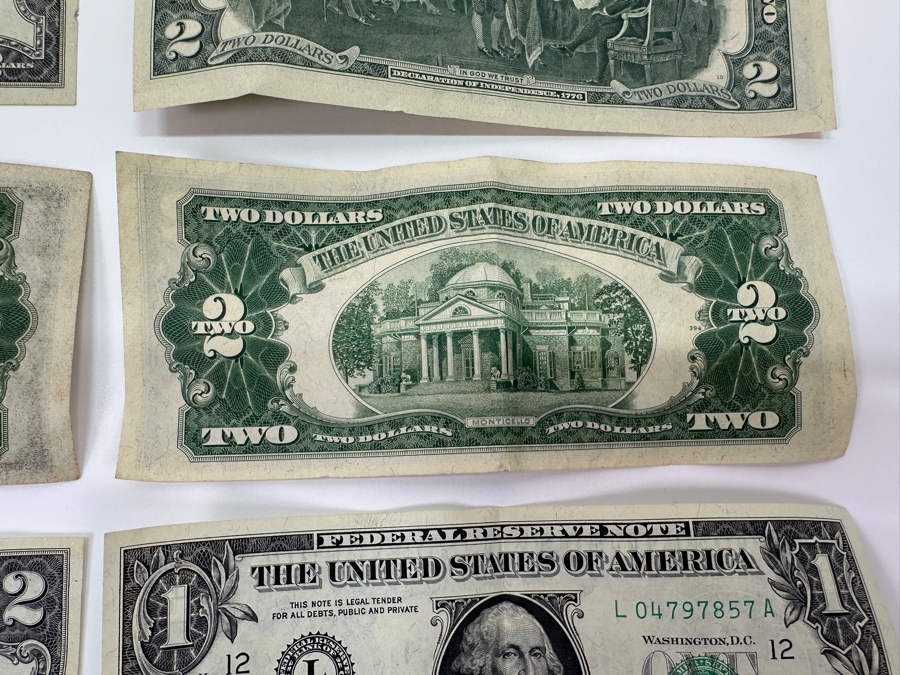 (5) $2 Two Dollar Bills: (3) 1976 Postmarked Del Mar CA, (1) 1928 Red Seal, (1) 1953 Red Seal & (1) 1963 $1 One Dollar Bill [Photo 15]