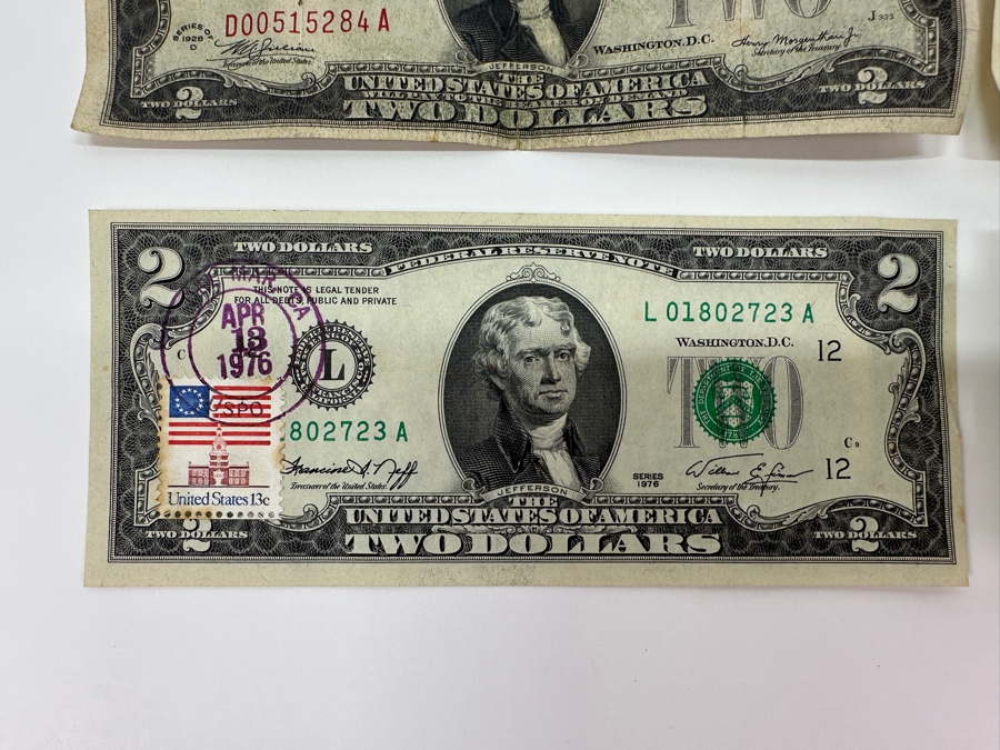 (5) $2 Two Dollar Bills: (3) 1976 Postmarked Del Mar CA, (1) 1928 Red Seal, (1) 1953 Red Seal & (1) 1963 $1 One Dollar Bill [Photo 10]
