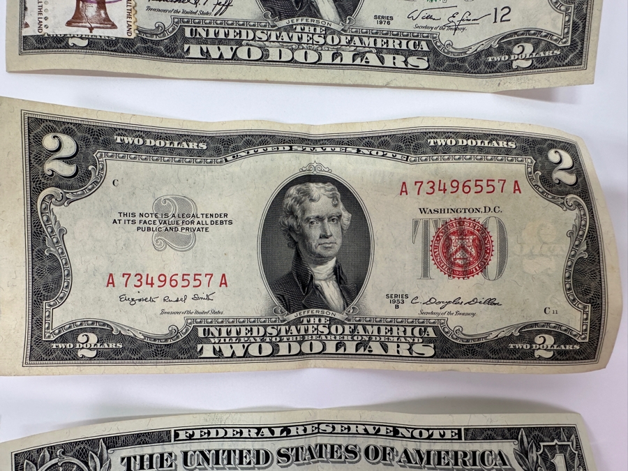 (5) $2 Two Dollar Bills: (3) 1976 Postmarked Del Mar CA, (1) 1928 Red Seal, (1) 1953 Red Seal & (1) 1963 $1 One Dollar Bill [Photo 8]