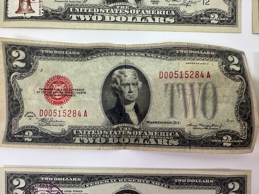 (5) $2 Two Dollar Bills: (3) 1976 Postmarked Del Mar CA, (1) 1928 Red Seal, (1) 1953 Red Seal & (1) 1963 $1 One Dollar Bill [Photo 4]