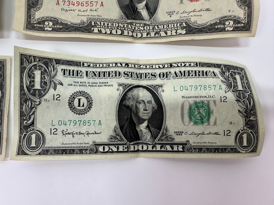 (5) $2 Two Dollar Bills: (3) 1976 Postmarked Del Mar CA, (1) 1928 Red Seal, (1) 1953 Red Seal & (1) 1963 $1 One Dollar Bill [Photo 11]