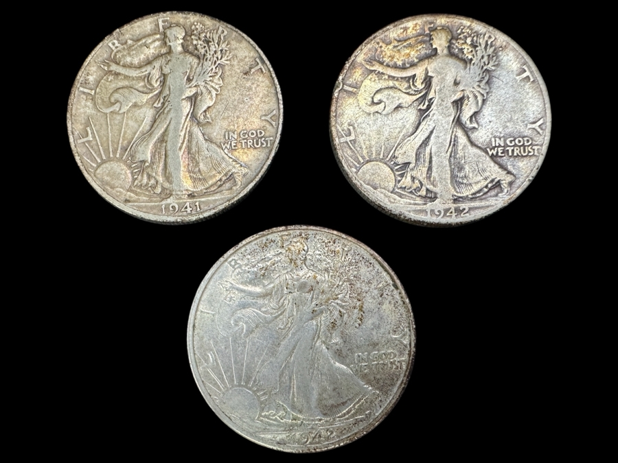 (3) Standing Walking Liberty Silver Half Dollars:  1941 D, 1942 & 1942 S