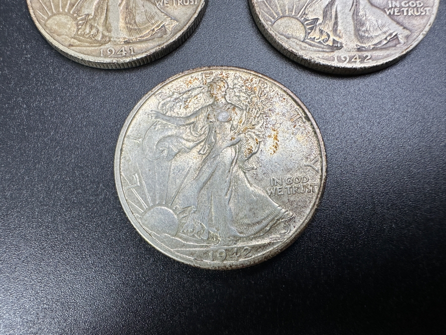 (3) Standing Walking Liberty Silver Half Dollars:  1941 D, 1942 & 1942 S [Photo 4]