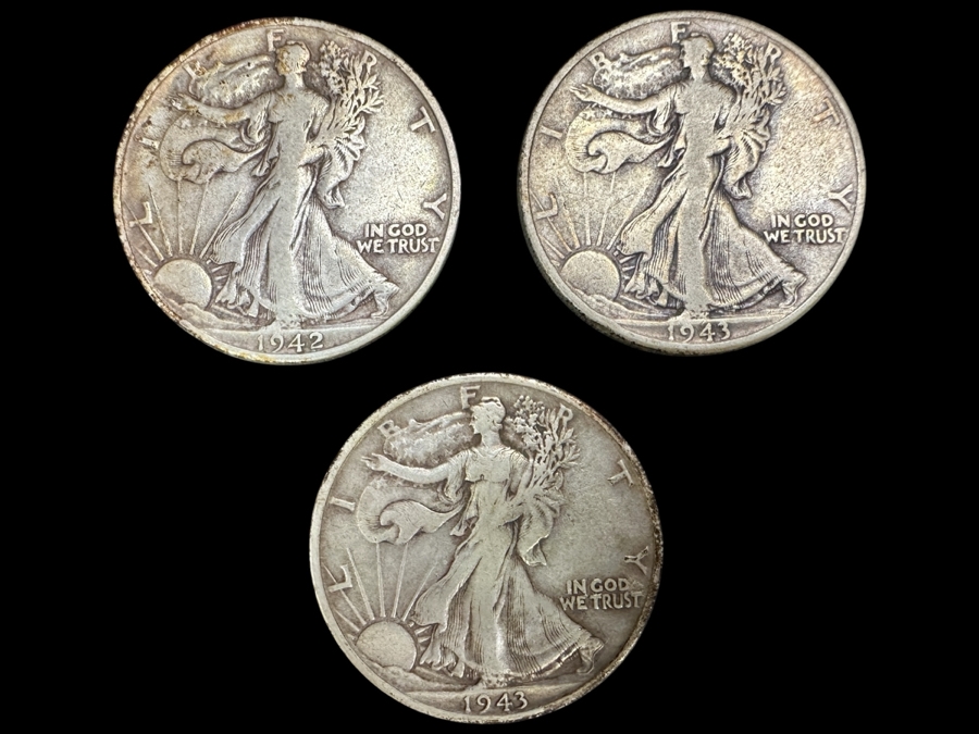 (3) Standing Walking Liberty Silver Half Dollars:  1942 D, 1943 & 1943 S