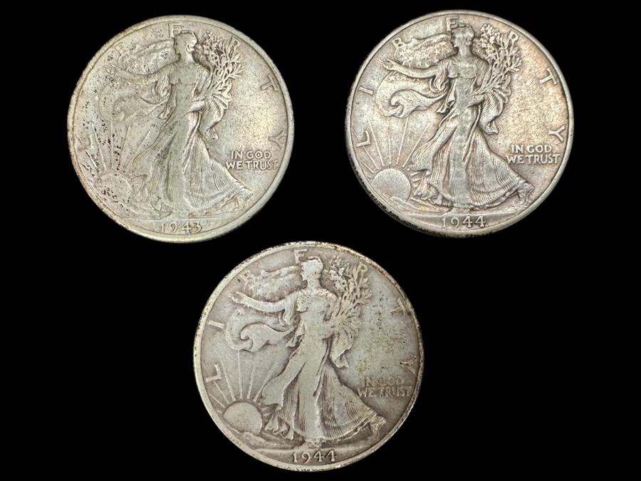 (3) Standing Walking Liberty Silver Half Dollars:  1943 D, 1944 & 1944 S